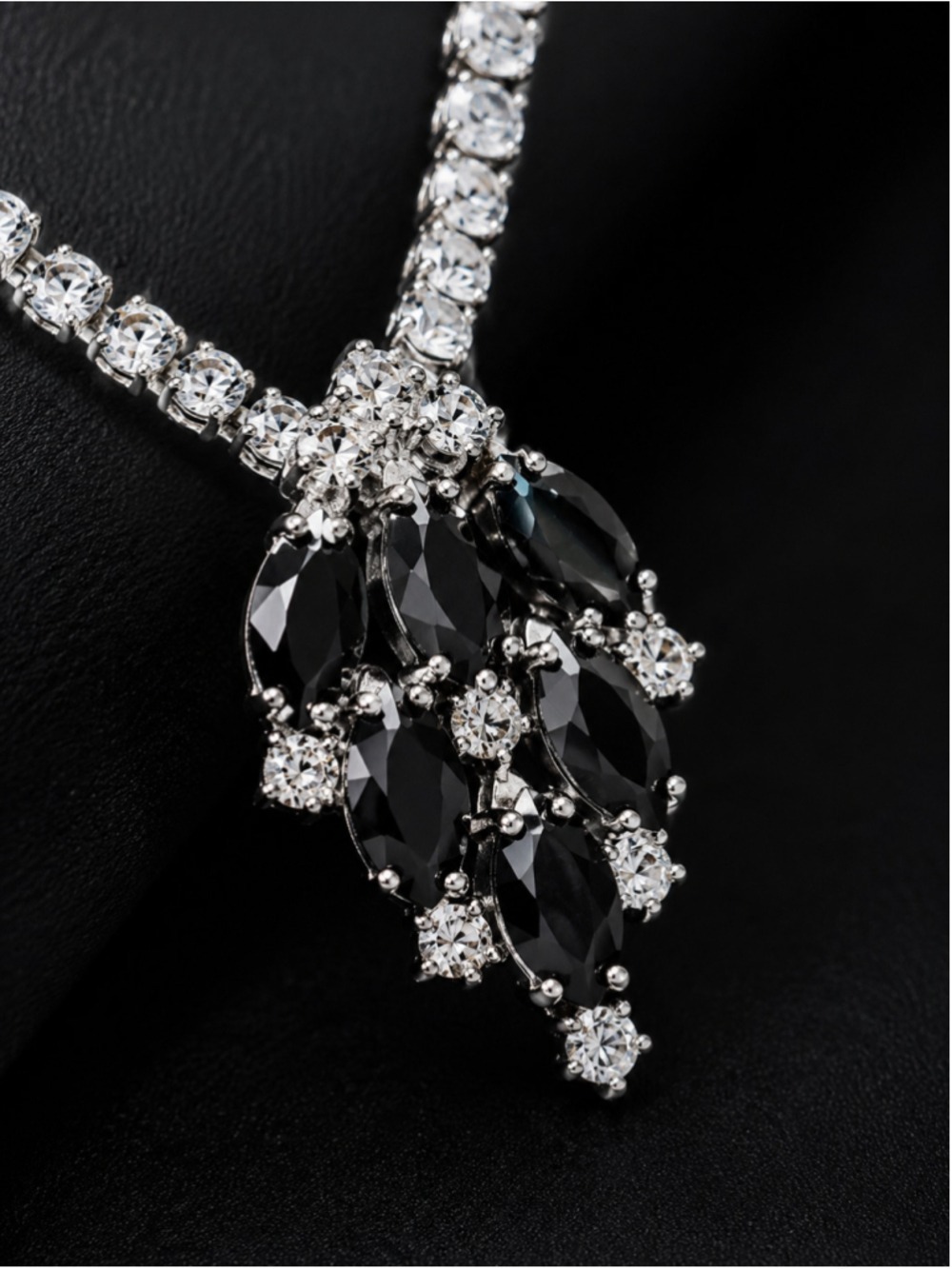 Vintage Style Black Marquise Rhinestone Tennis Necklace Silver Tone Statement Je - Picture 2 of 3